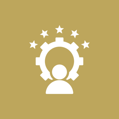Icon of a person with a gear and stars above their head on a brown background.