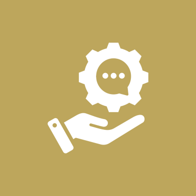 White hand holding a gear with a speech bubble on a gold background.