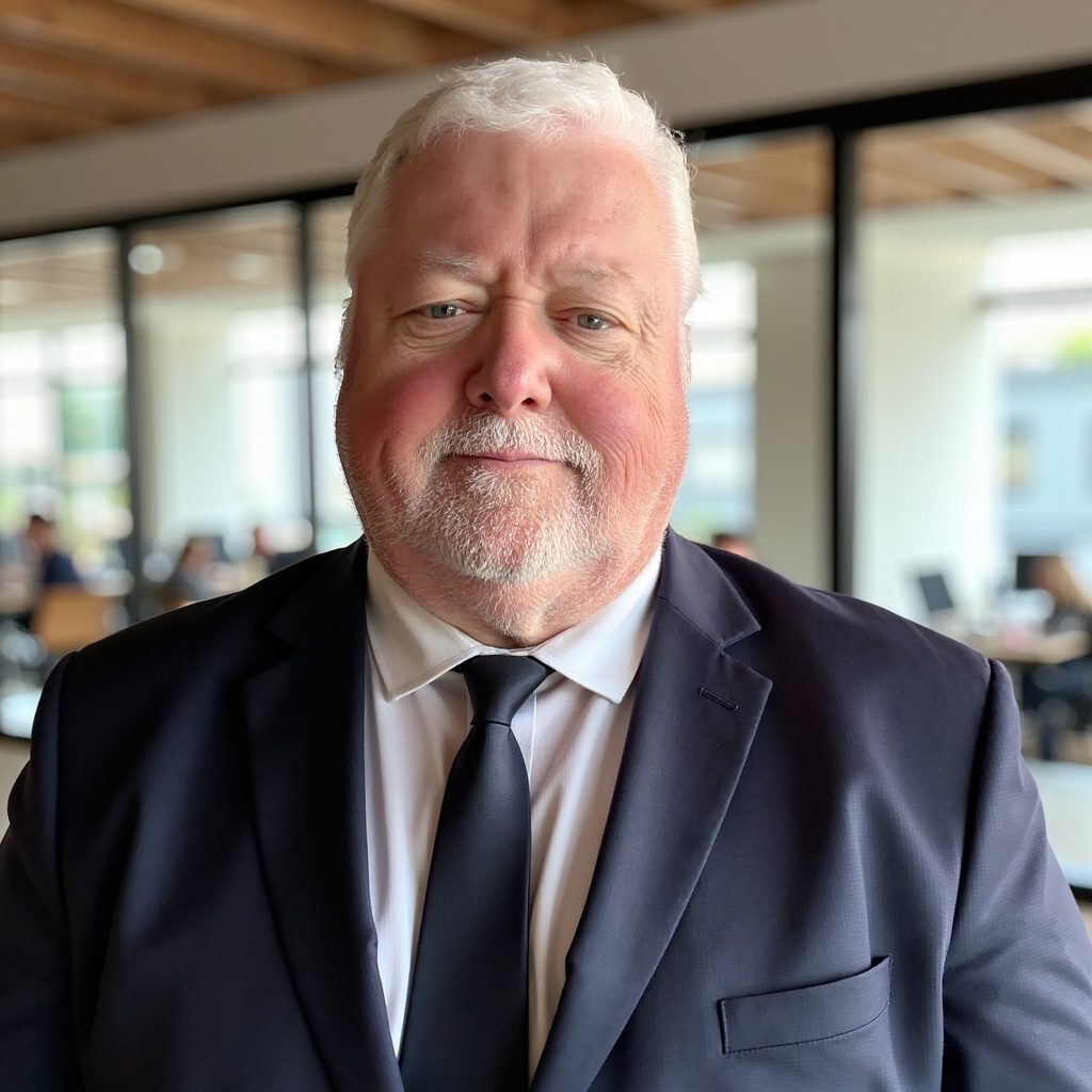 Older man in a suit smiling indoors.
