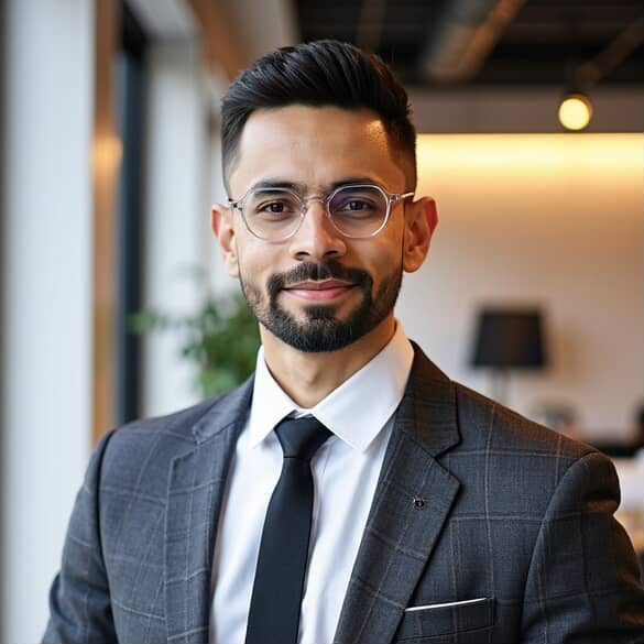 Confident man in business attire smiling indoors.