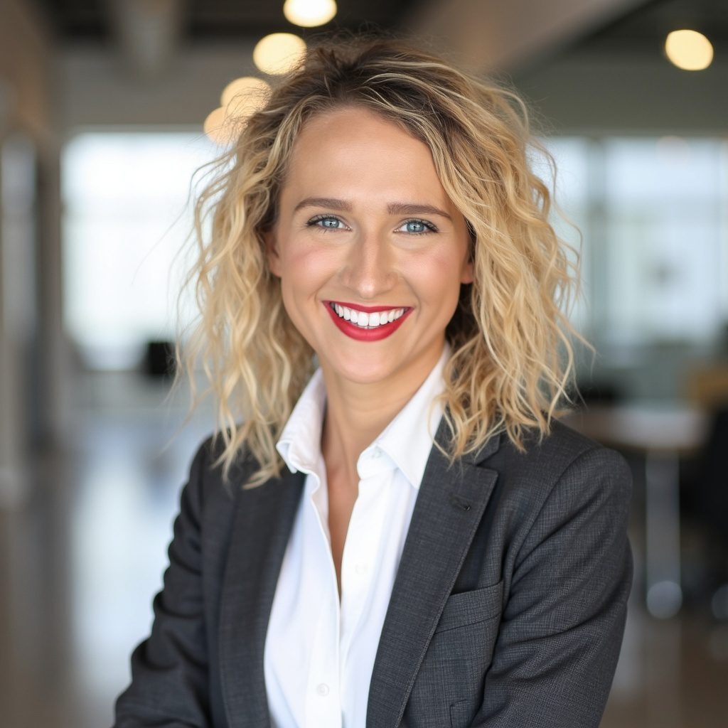 Professional woman in a business suit smiling confidently indoors.