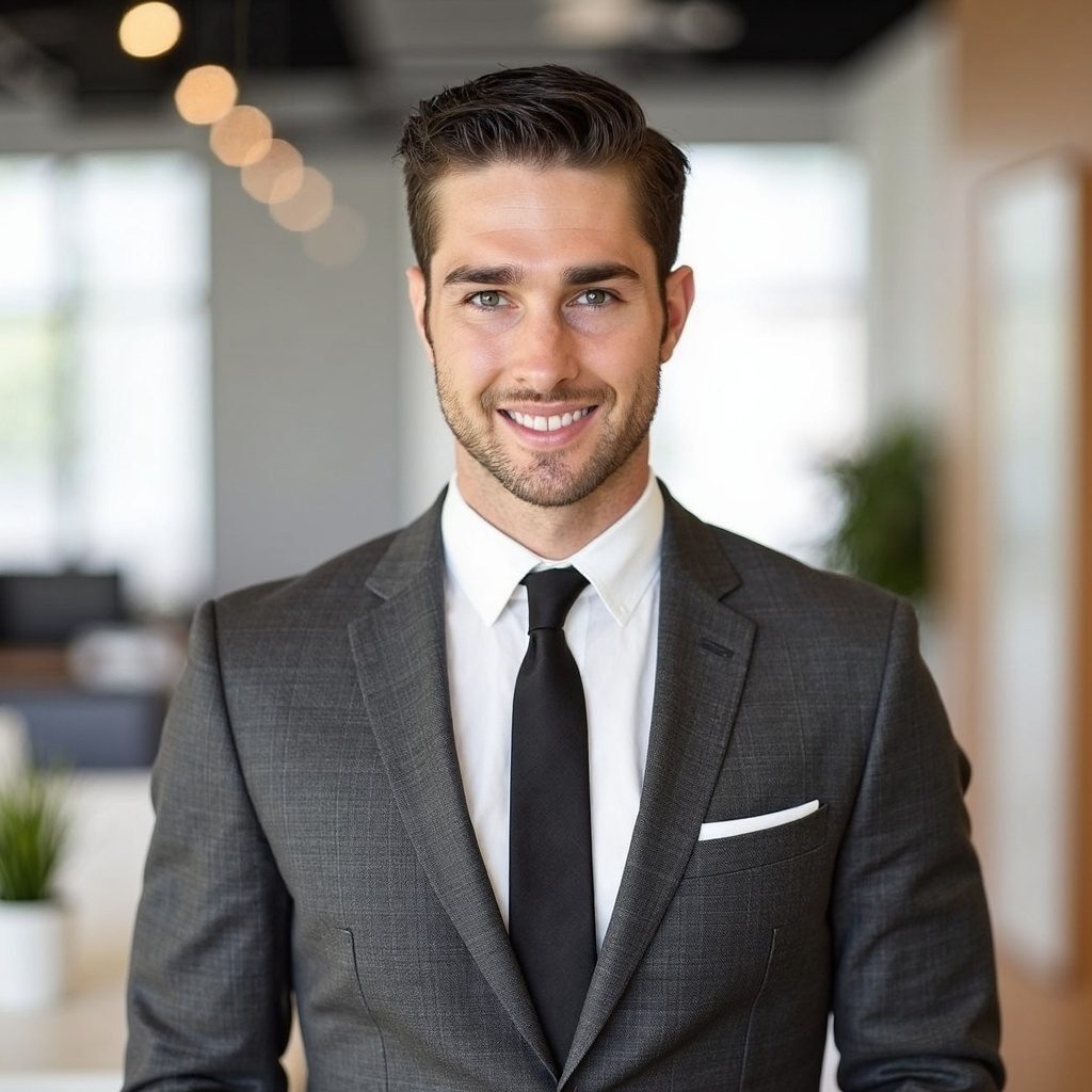 Confident young man in a suit smiling in a modern office.