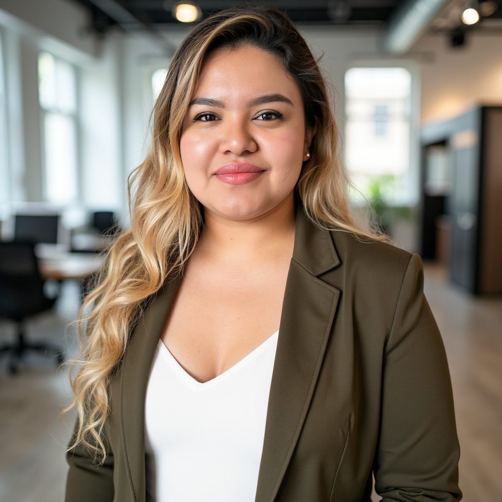 Confident woman in business attire smiling indoors.