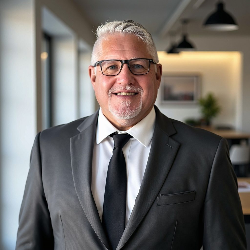 Confident elderly man in a suit smiling indoors.